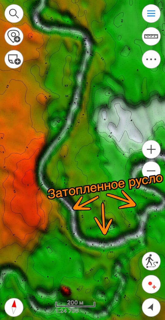Затопленное русло реки на карте глубин водохранилища